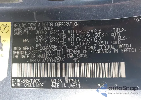 2007 Toyota Highlander from USA, damaged, VIN JTEHD21A370046583